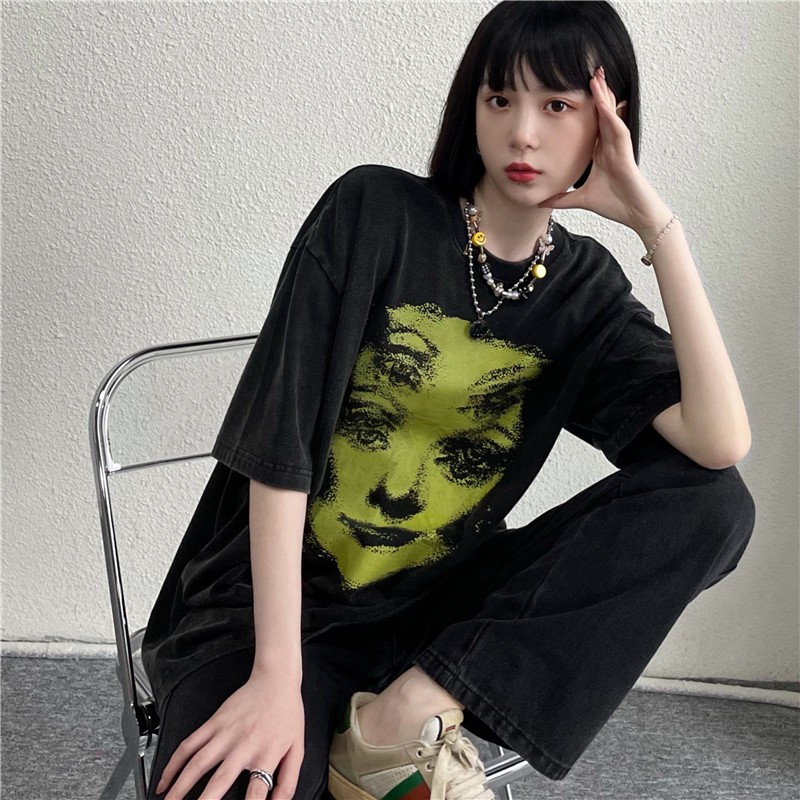 Đen Áo Thun Tay Ngắn Dáng Rộng In Họa Tiết Phong Cách Hip Hop Thời Trang Cho Nữ