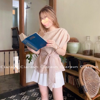 Áo lệch vai thắt eo + chân váy dập ly trắng