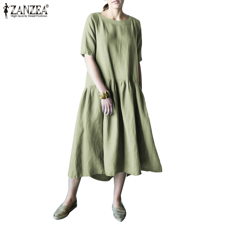 ZANZEA Women's Casual Loose Solid Round Neck Sleeves Split A-Line Dress | BigBuy360 - bigbuy360.vn
