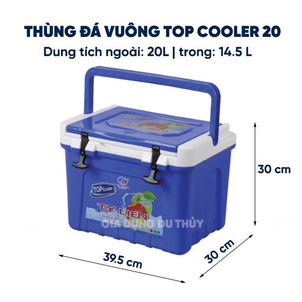 Thùng đá giữ lạnh vuông dung tích 20L có kèm quai xách, thương hiệu Top Cooler không chứa BPA an toàn