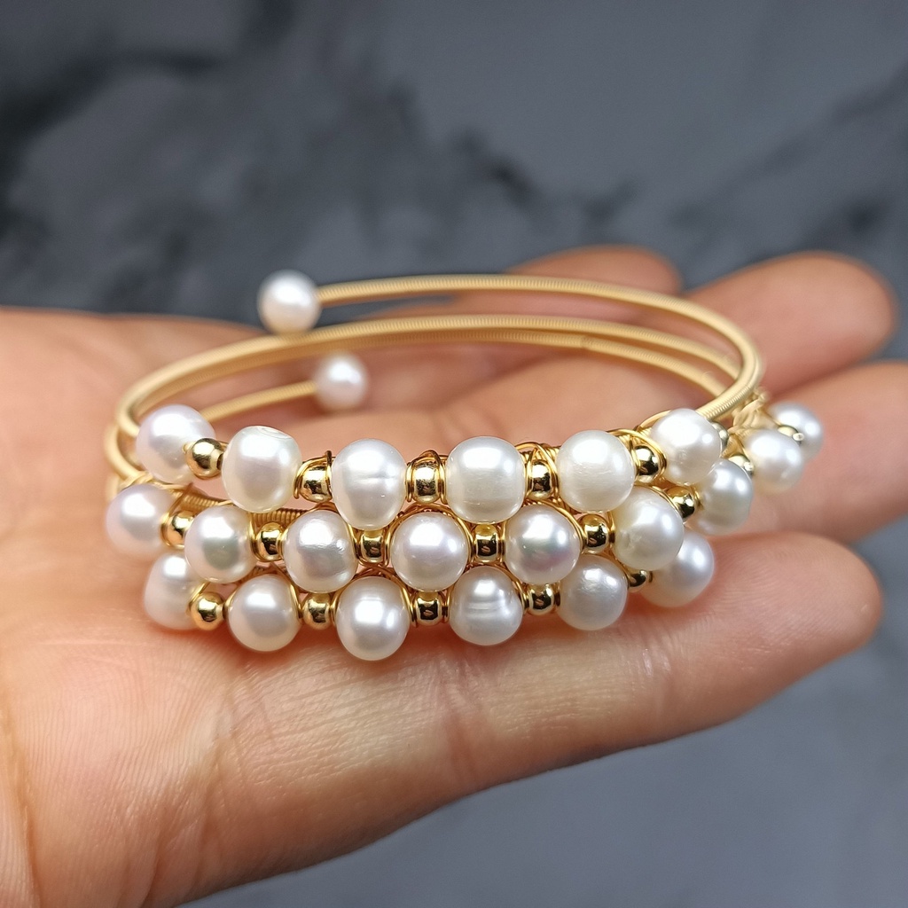 Vòng Tay Ba Lớp Mạ Vàng 14K Đính Hạt Giả Ngọc Trai