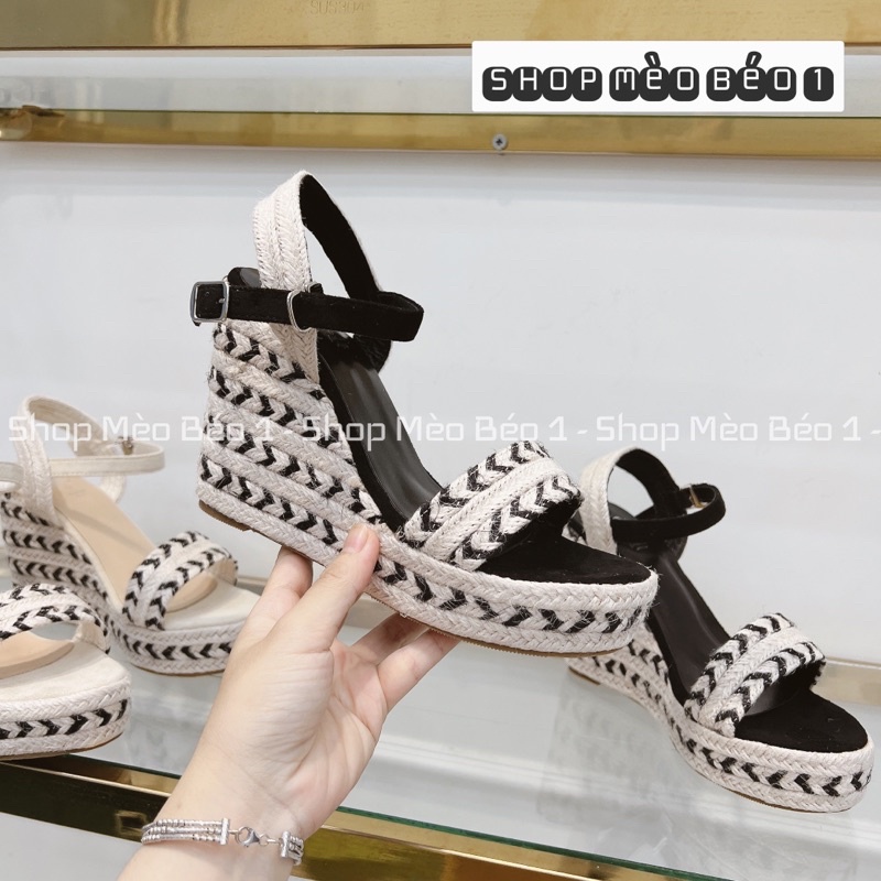 Sandal quai ngang đế xuồng cói thổ cẩm vân đen pha fullbox hàng quảng châu cao cấp