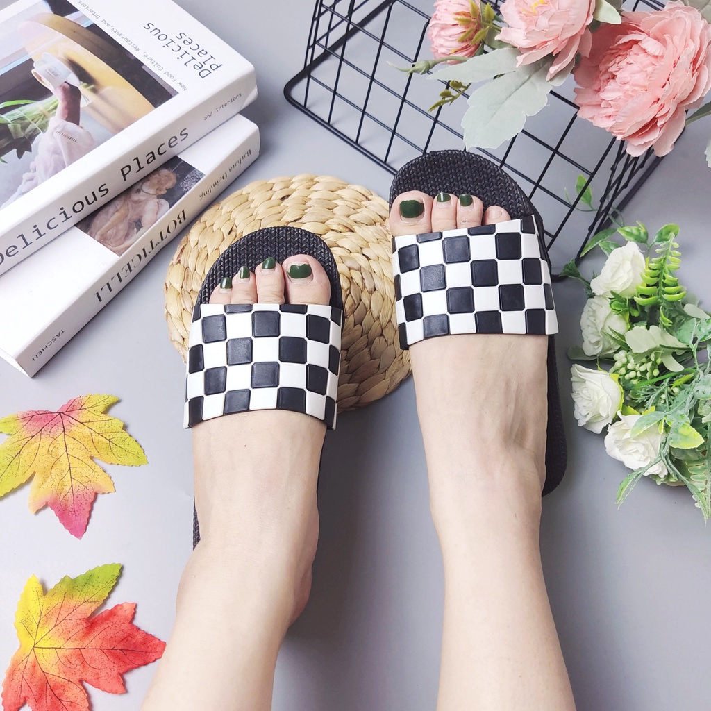 combo Dép nữ đế bánh mì, dép quai ngang kẻ caro chất liệu cao su non siêu êm thơm (ảnh thật)