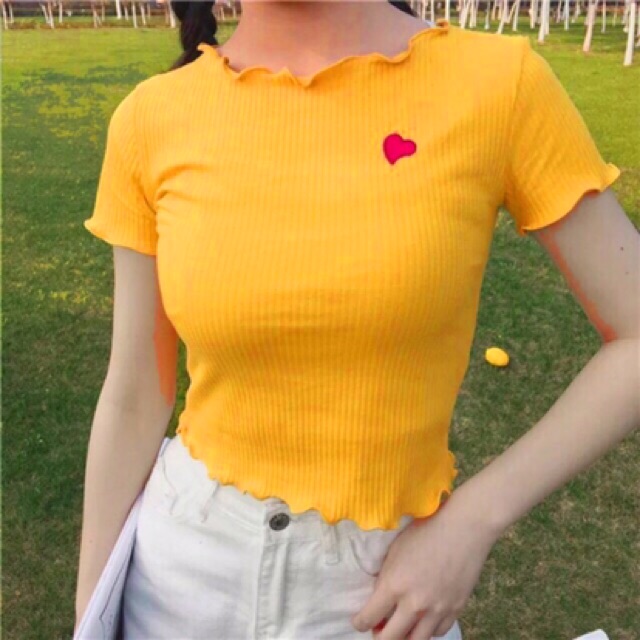 Áo thun cuốn biên tay ngắn ,áo croptop thêu