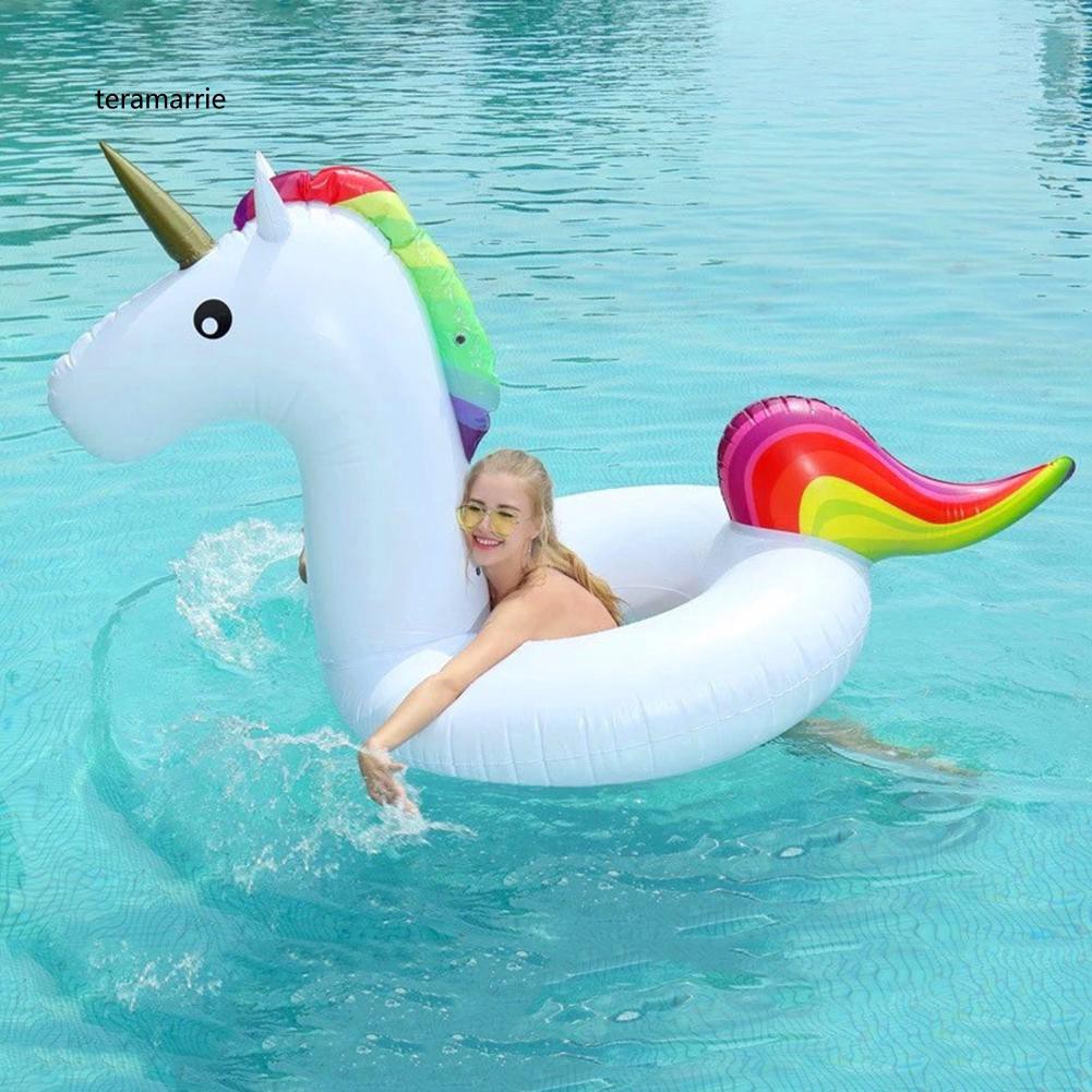 TM♥Inflatable Rainbow Unicorn Water Float Ride-on Swimming Pool Lounger Beach Raft