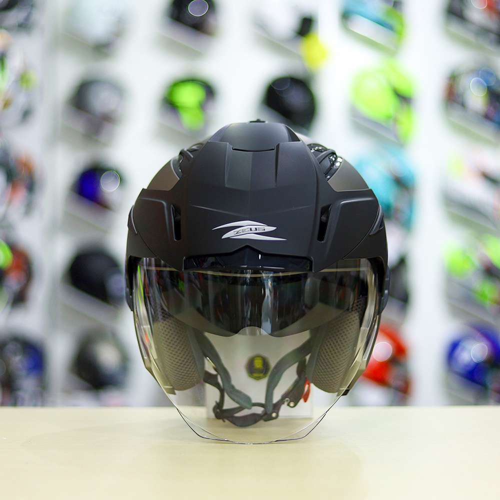 Mũ 3/4 2 Kính Zeus 613B Đen Bóng Tặng Kèm Mái Che Có Thể Tháo Rời