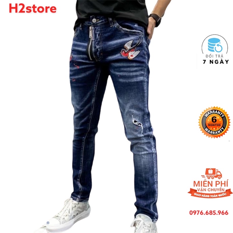 Quần bò nam thêu cánh én, quần bò dsq Biker ống côn hàng SPF.