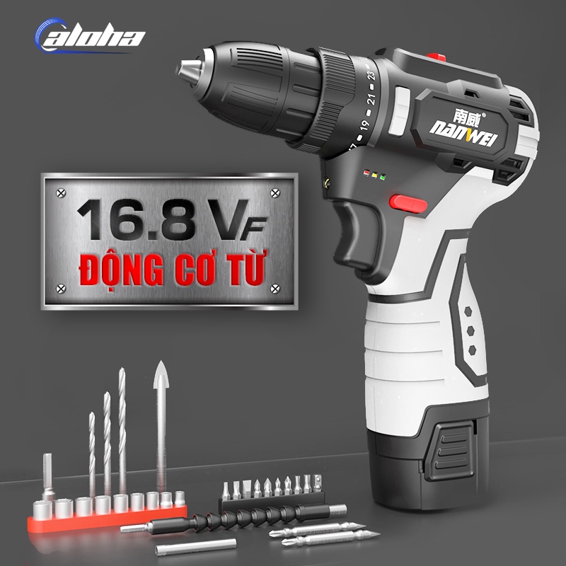 Máy khoan pin 16.8VF, động cơ từ, bắt ốc vít cầm tay nhỏ gọn dùng pin Li-Ion, 25 tốc độ, tặng 28 mũi khoan D000616V