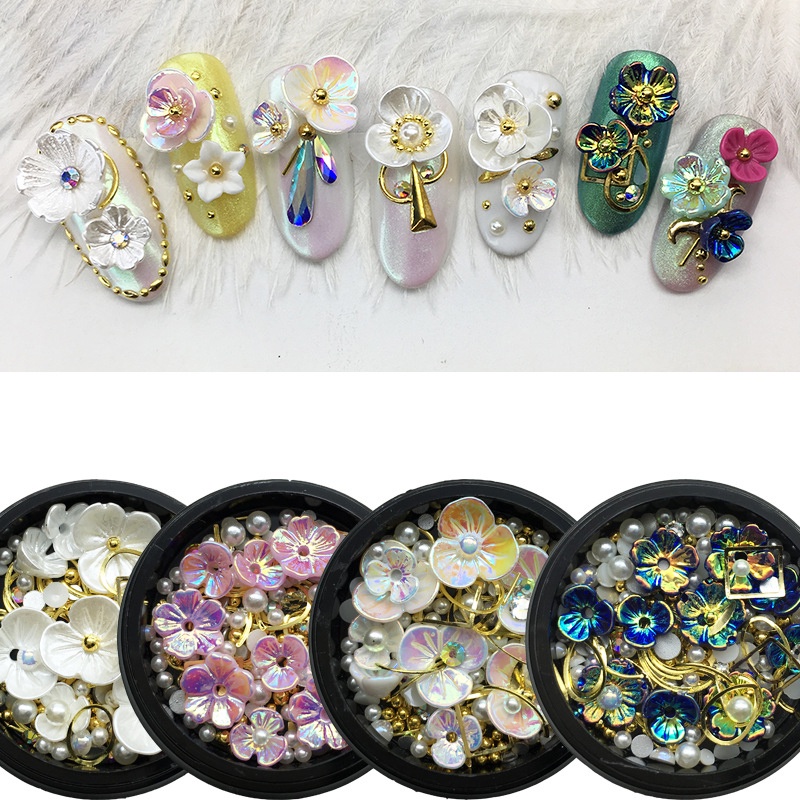 [Hàng mới về] Phụ kiện hỗn hợp hình hoa/ hạt kim cương &amp; ngọc trai giả nhựa resin trang trí móng nghệ thuật với 6 loại