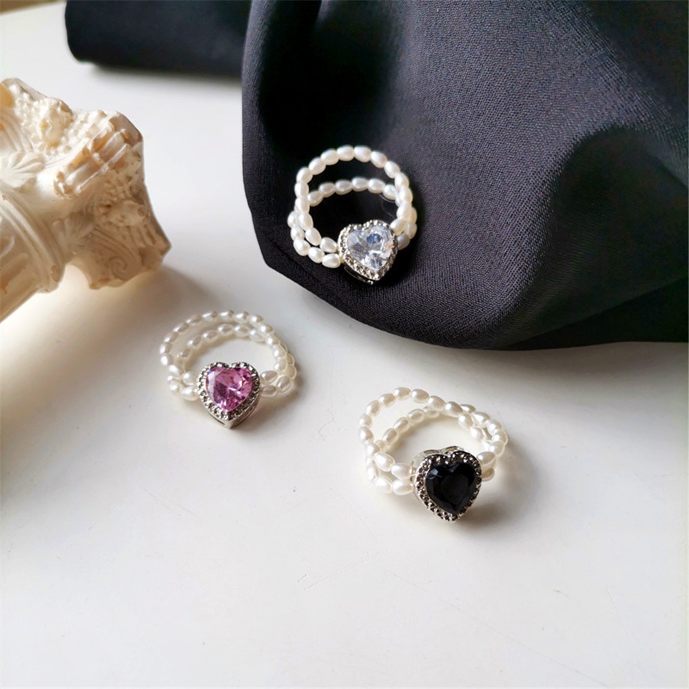 Nhẫn Hai Lớp Hình Trái Tim Đính Đá Pha Lê Và Ngọc Trai Thời Trang Hàn Quốc