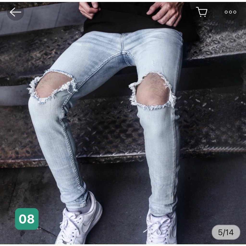 Quần Jeans Nam Chất Bò Rin Cao Cấp Xanh Bạc Rách Gối To Co Giãn Ống Côn Dáng Ôm T132