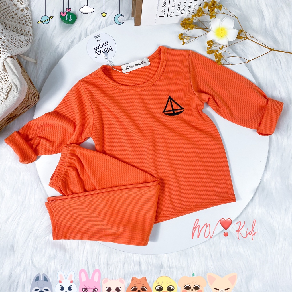 [SALE] Bộ Dài Tay Cho Bé Trai, Bé Gái Minky Mom Vải Len Gân Thêu Ngực Dễ Thương, Đồ Bộ Cho Bé Mặc Nhà Thu Đông MKMTD2154