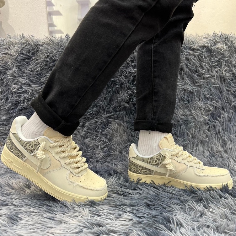 Giày AF1 dây thừng, Giày sneaker Air Force 1 vải kem thổ cẩm bản đẹp 2023 Full Box