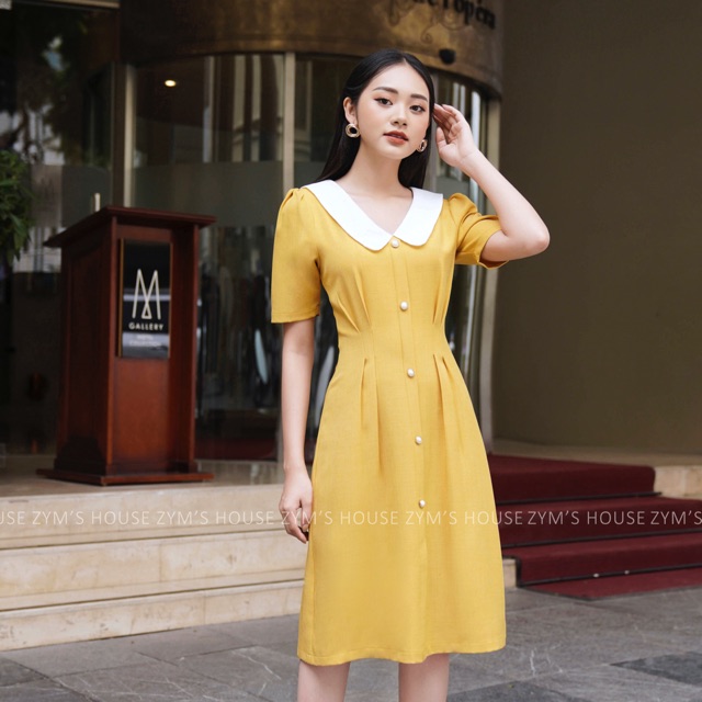 V1251 - Váy cổ sen xếp ly eo - Vàng