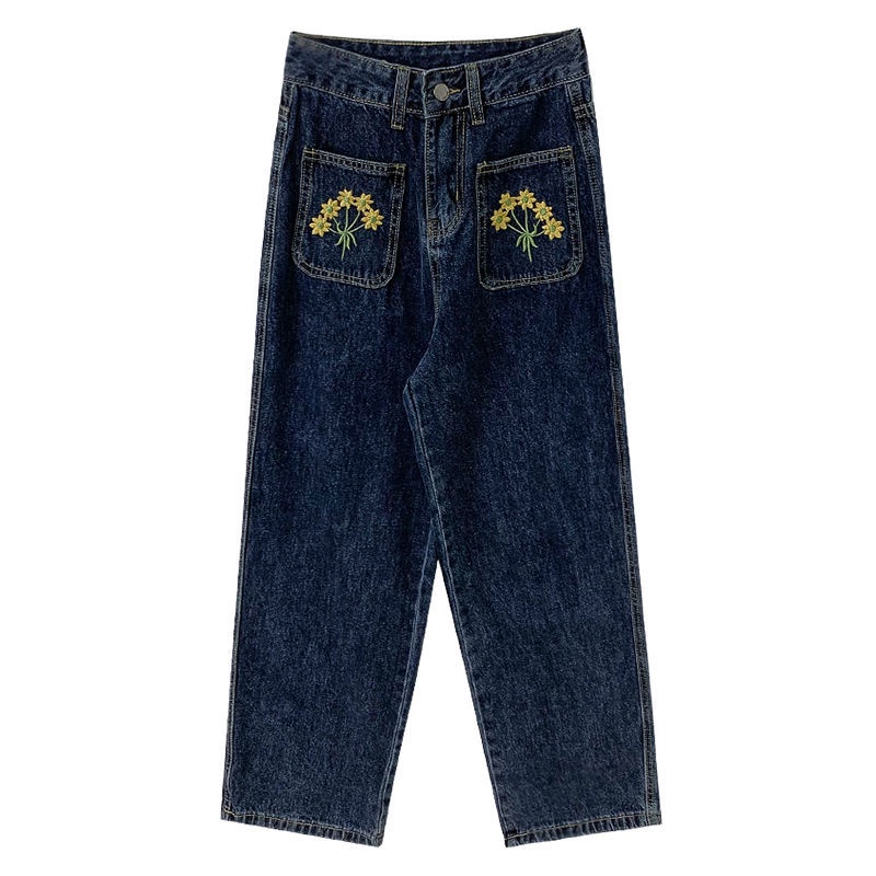 Quần Jeans Nữ Lưng Cao Thêu Hoa Thời Trang
