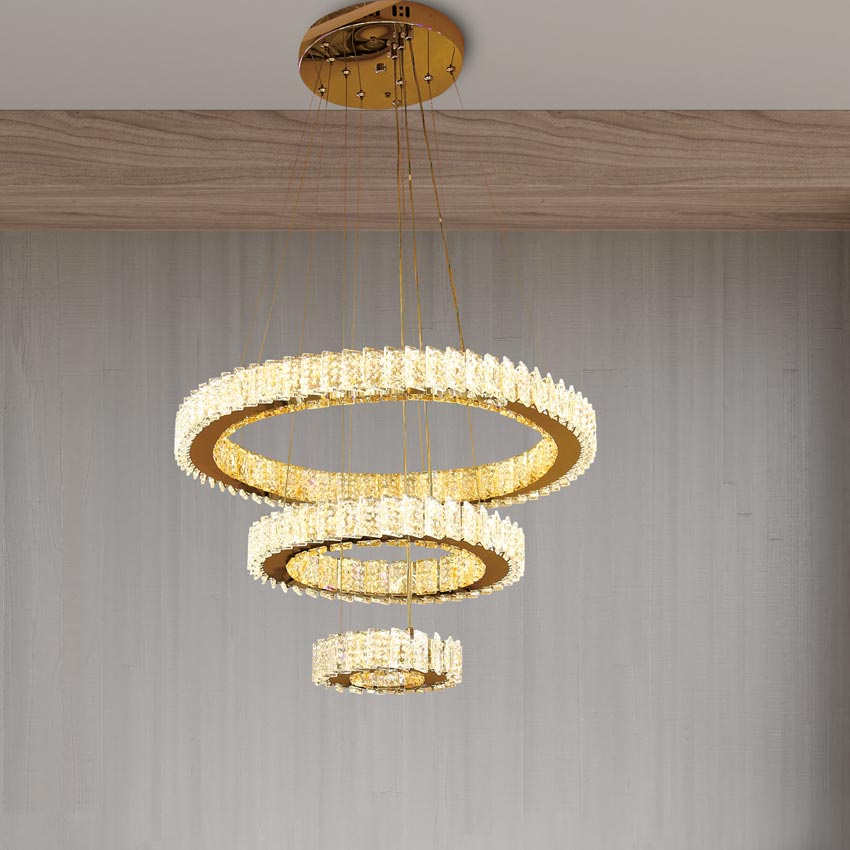 Đèn Chùm Thả 3 Vòng Pha Lê Dày 5cm,Có Điều Khiển Từ Xa,Dây Đèn Điều Chỉnh Cao Thấp Tùy Ý,Decor Phòng Khách,Phòng Ngủ Bếp