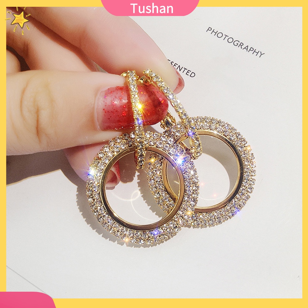 Khuyên tai vòng tròn khảm đá lấp lánh thời trang sành điệu cho nữ