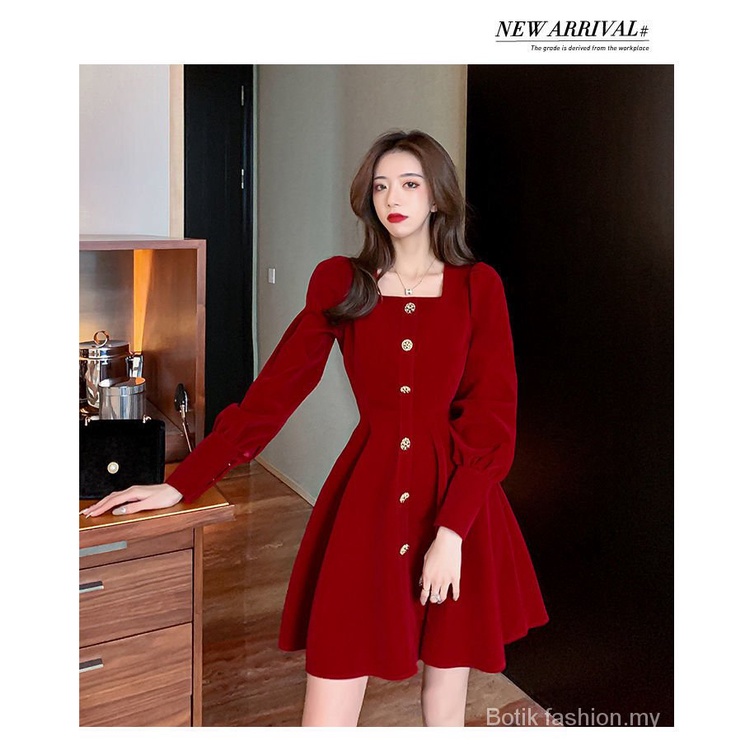 Đầm Tay Dài Cổ Vuông Form Ôm Thời Trang Pháp Cho Nữ