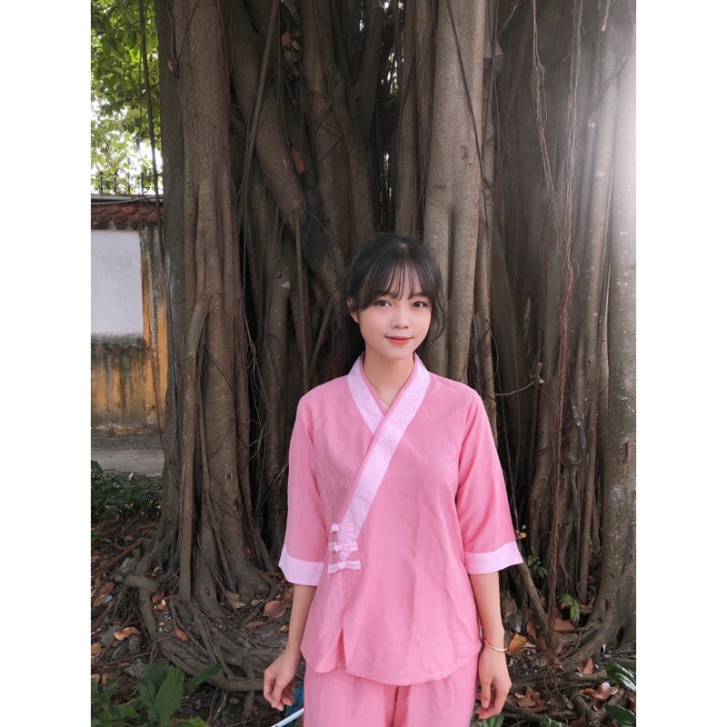 Thời trang nữ, đồ lam cao cấp, đồ đi chùa đơn giản, phối ba nút chất vải tơ