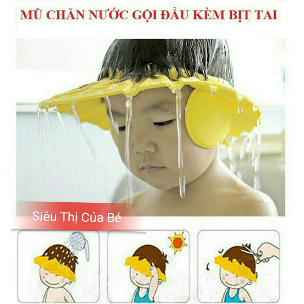 Mũ xốp chắn nước gội đầu cho bé có màng che tai