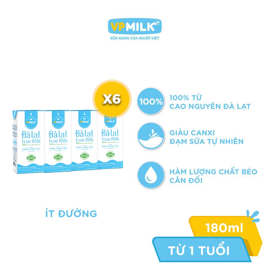 [Combo 6 lốc] sữa tươi UHT Đà Lạt True Milk VPMilk ít đường hộp 180ml (lốc 4 hộp x 6)