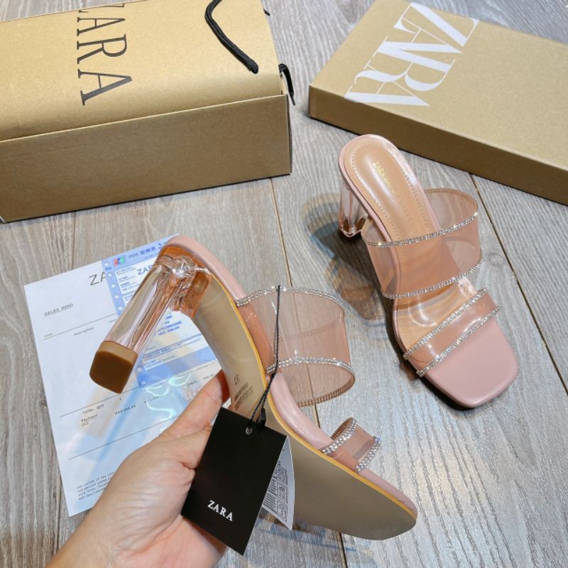 X(ẢNH THẬT) Guốc 9p Zara 2 Quai Mica Hồng Viền Đá Mềm Êm Fullbox Bill Túi Cao Cấp