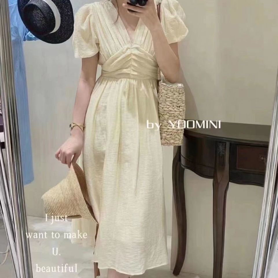 Đầm Tay Phồng Cổ Chữ V Xếp Ly Thời Trang Hàn Quốc Xinh Xắn