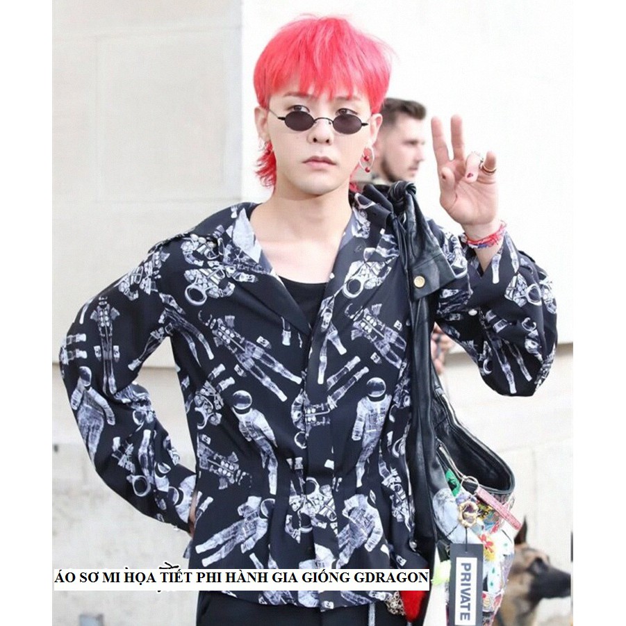 Áo sơ mi đen giống GDRAGON họa tiết phi hành gia mùa xuân thu