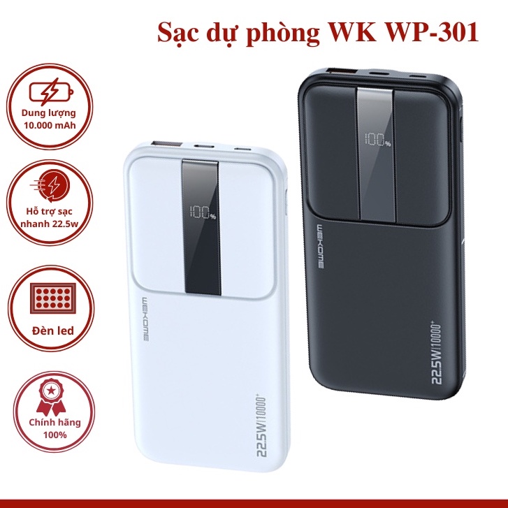 Pin sạc dự phòng tích điện 10000 mAh WK Design WP-301 sạc nhanh QC 3.0 PD 22.5W đèn led hiển thị % pin