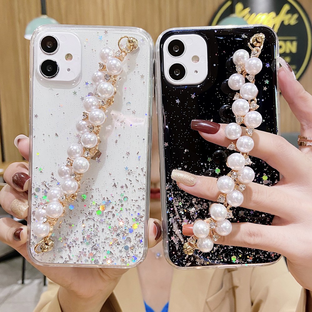 Ốp điện thoại mềm trong suốt sequin + vòng tay cho Samsung Galaxy A6 A8 J4 J6 + A7 A9 J8 2018 A750 J2 J5 J7 Prime