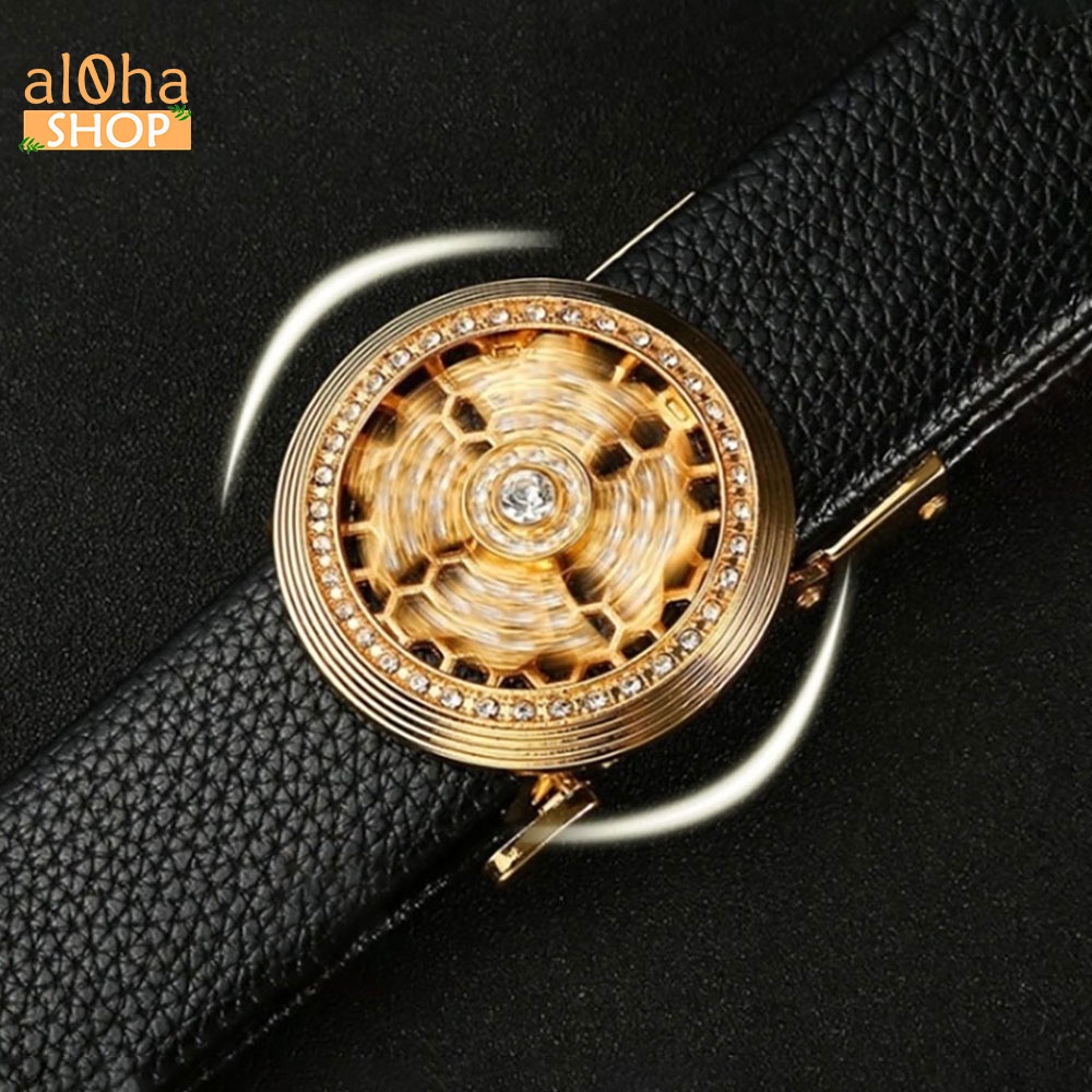 Thắt lưng da nam cao cấp mặt tròn đính đá xoay 360, khoá tự động - al0ha Shop