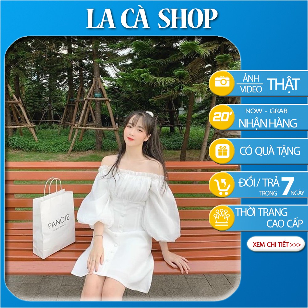 [SẴN] Váy trắng trễ vai tay bồng cúc bọc tiểu thư xinh xắn
