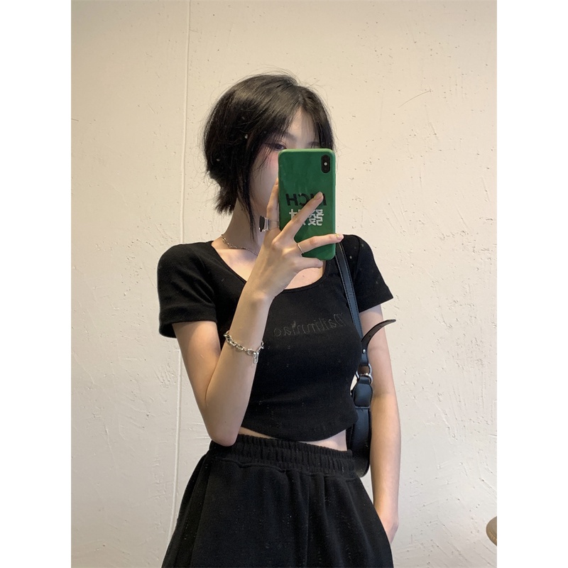 Cocory vn Áo Croptop Tay Ngắn Cổ Vuông Thêu Họa Tiết Thiết Kế Độc Đáo Thời Trang Mùa Hè Quyến Rũ Cho Nữ