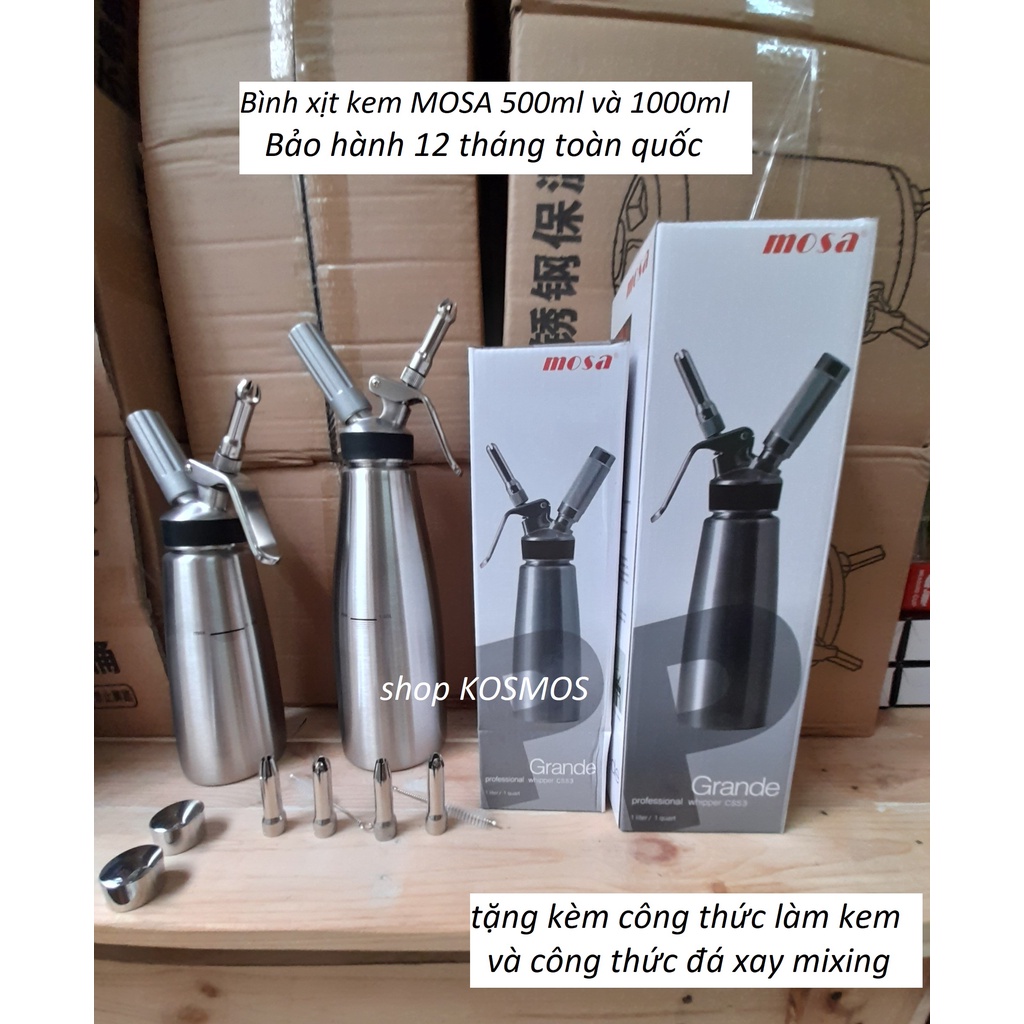 Bình xịt kem tươi vòi inox hãng Mosa 500ml - 1000ml (tặng kèm công thức làm đá xay khi mua hàng)