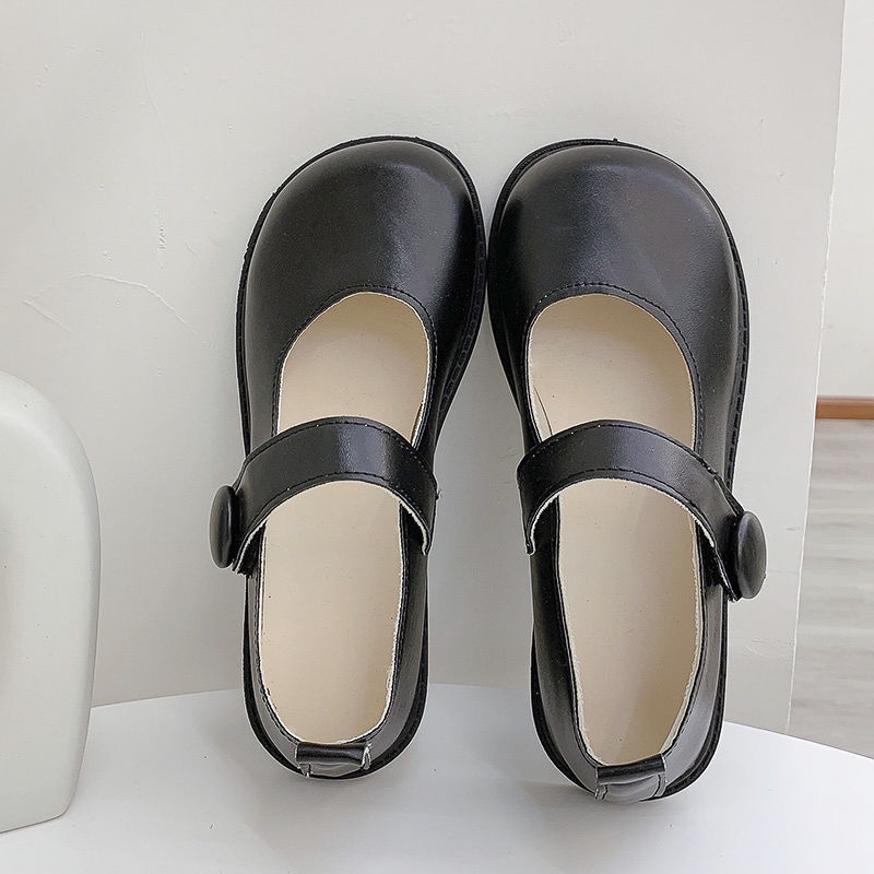 Giày búp bê nữ mũi tròn 3 màu đen, be và nâu cài quai phong cách Hàn Quốc