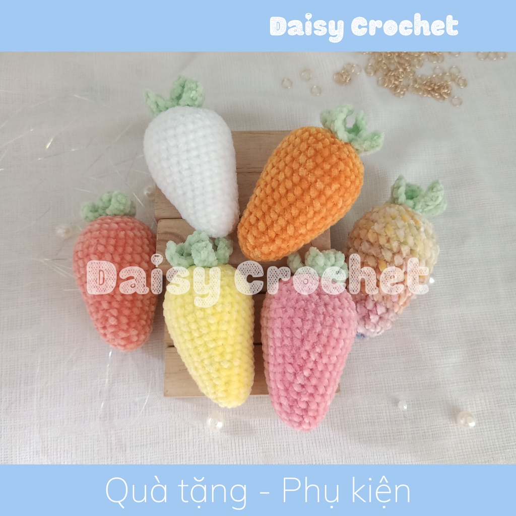 Set nguyên liệu/ Móc khóa cà rốt củ cải móc len mềm mịn có kèm chuông móc, phụ kiện treo balo, túi xách, túi tote