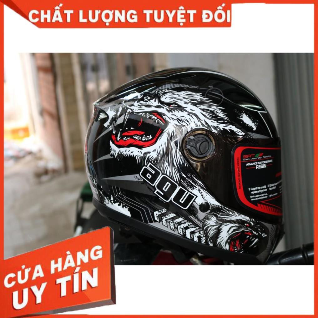 Combo Mũ Fullface Agu Tem Sói + Đuôi Gió AGV + Sừng Rùa | Nhựa ABS Dẻo Độ Bền Cao,Kính Chông RiBô