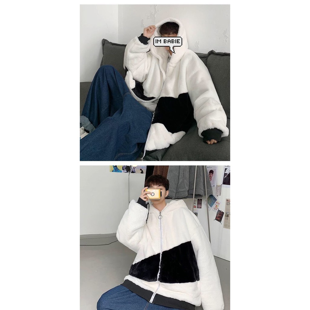 Áo Khoác Lông Cừu Có Mũ Trùm Dáng Rộng Phối Khóa Kéo Thời Trang Mùa Đông Hàn Quốc Dành Cho Nam