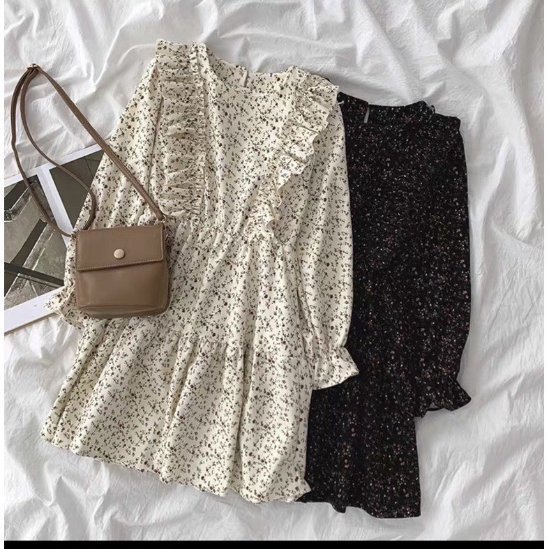 [Quà tặng là chun tóc nữ tính] Váy babydoll hoa nhí viền bèo Junnie Closet Đầm dáng xòe họa tiết chất lụa hàn ulzzang | BigBuy360 - bigbuy360.vn