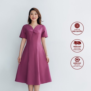 Đầm trung niên cao cấp dáng xòe thiết kế cổ tim xoắn ngực màu hồng cẩm - TTV1012