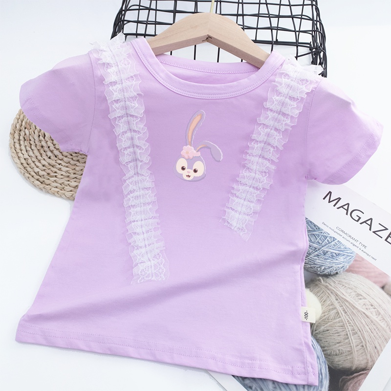 Áo Thun Cotton Cổ Tròn Phối Ren Họa Tiết Hoạt Hình StellaLou Nhiều Màu Sắc Dành Cho Nữ