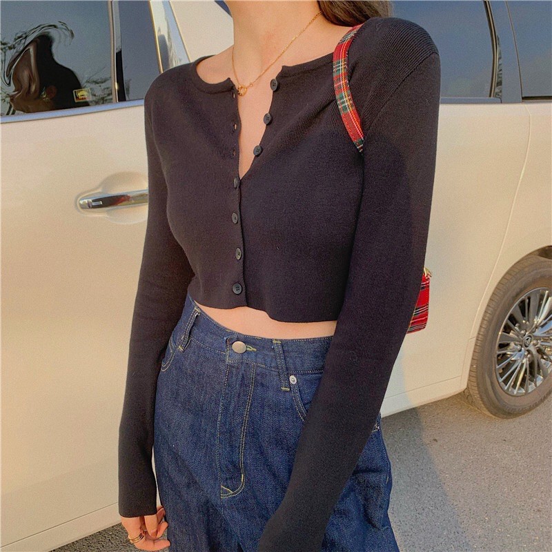 Áo croptop nữ dài tay có cúc kiểu Hàn Quốc / áo ngắn dáng ôm freesize