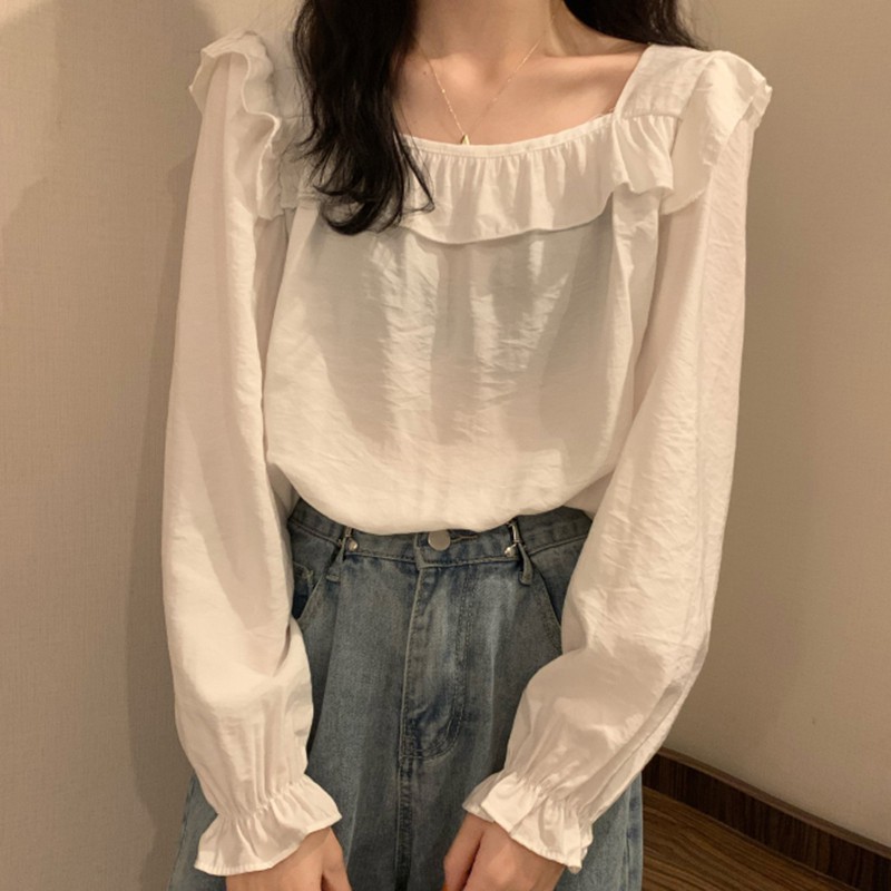 Áo Kiểu Tay Dài Cổ Vuông Phối Ren Màu Trơn Xinh Xắn Cho Nữ