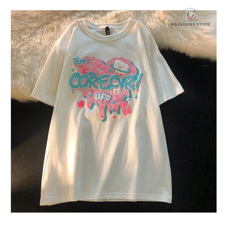 Áo Thun Cotton Tay Ngắn Dáng Rộng In Hình Gấu Và Trái Tim Thời Trang Mùa Hè Cho Nữ