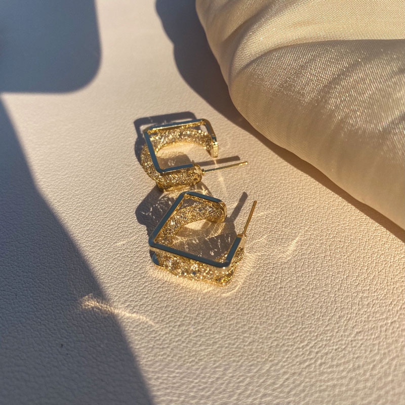 Bông Tai Mạ Bạc 925 Hai Lớp Hình Vuông Đính Đá zircon Đơn Giản Cá Tính Phong Cách Hàn Quốc