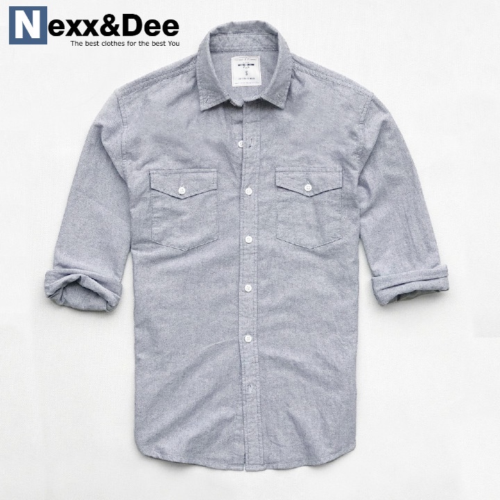 Áo sơ mi nam tay dài Nexx&Dee trắng hai túi công sở vải oxford denim jean cao cấp NS012