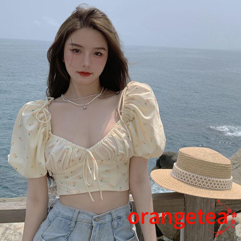 Áo Thun Crop Top Tay Ngắn Phồng Cổ Chữ V In Họa Tiết Hoa Ngọt Ngào Cho Nữ