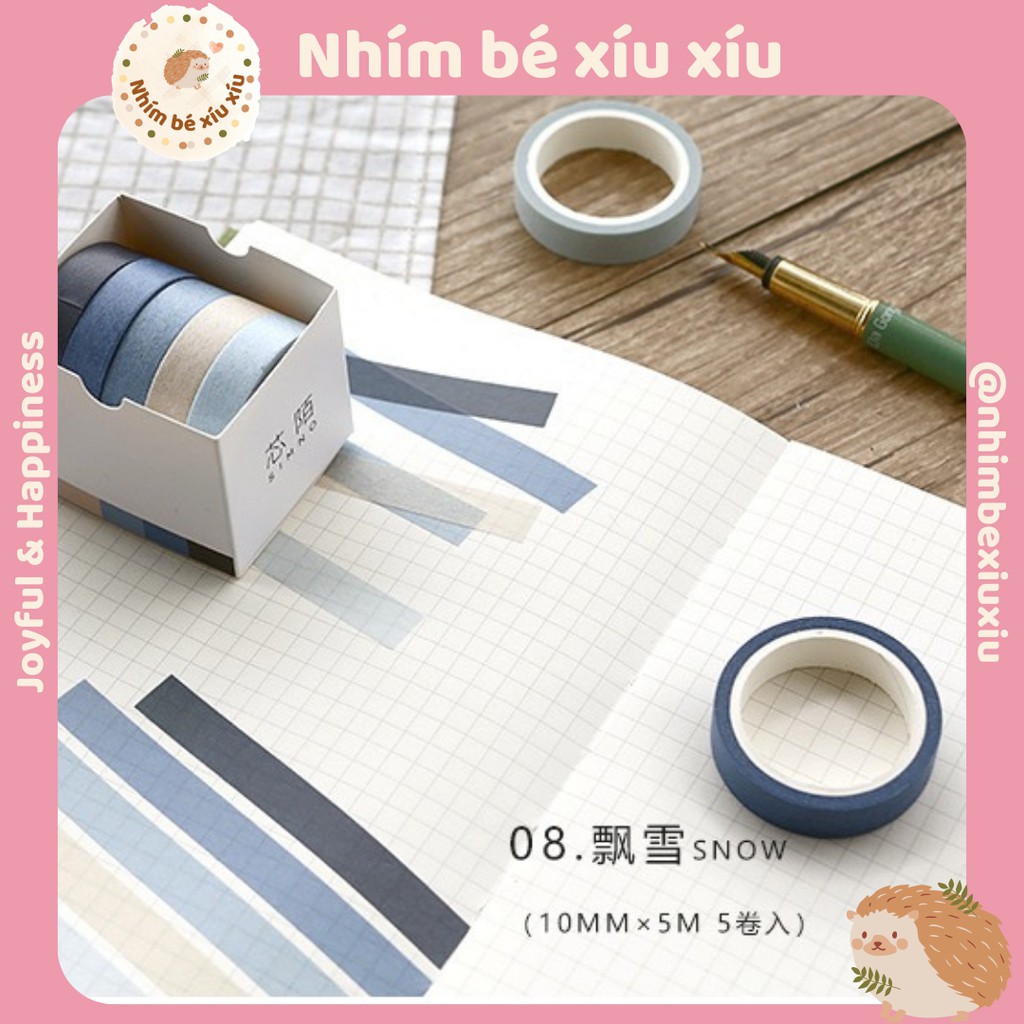 Hộp 5 cuộn washi tape tone màu trầm vintage băng dính trang trí sổ tay bullet journal take note