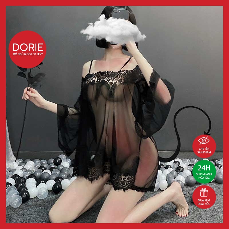 Đồ ngủ nữ sexy váy choàng hai dây đen xuyên thấu gợi cảm 1818