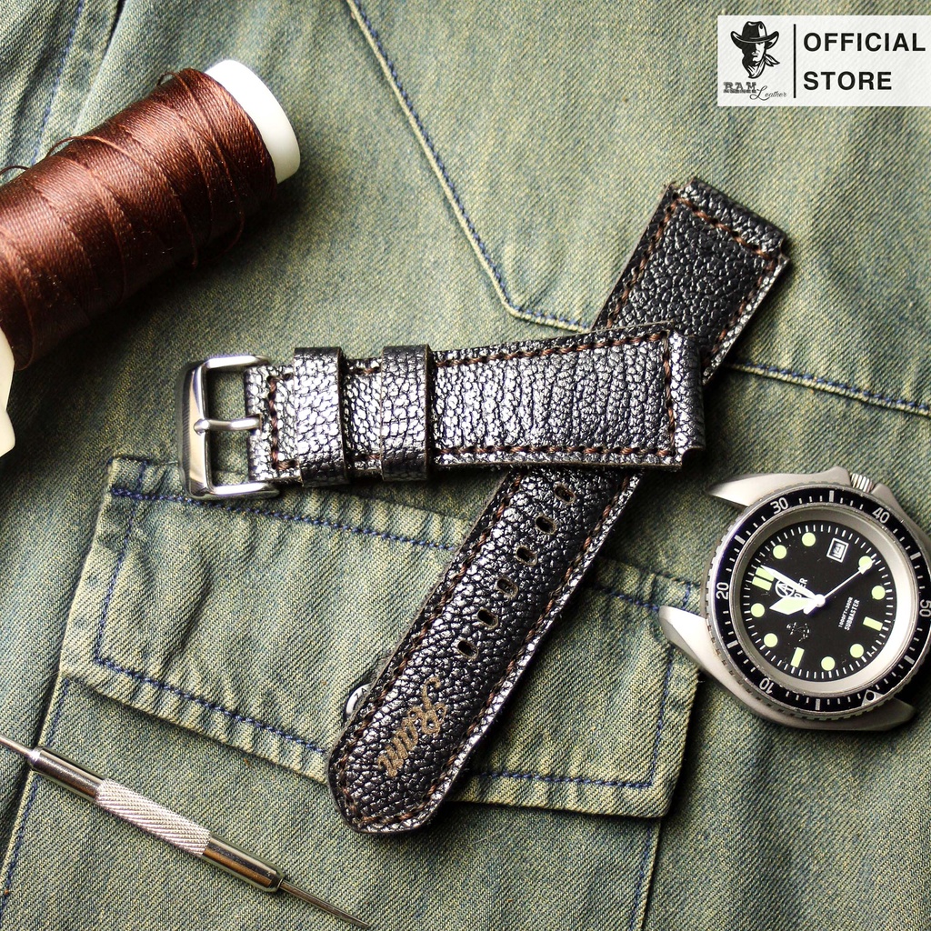 Dây Đồng Hồ Da Thật RAM Leather 1956 Cho Casio AE 1200 WHD và đồng hồ dây 18mm Da Bò Vân Cá Mập Đen Thép  Bền Đẹp